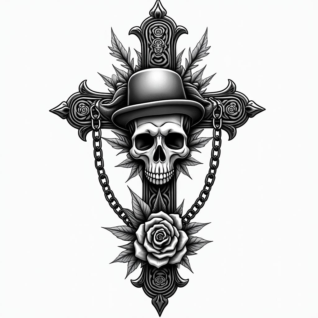 Killerin chicano style tattoo, featuring intricate black and grey shading, bold elements of traditional chicano culture symbols, add a big cross with skull, chains and roses - Variation 3