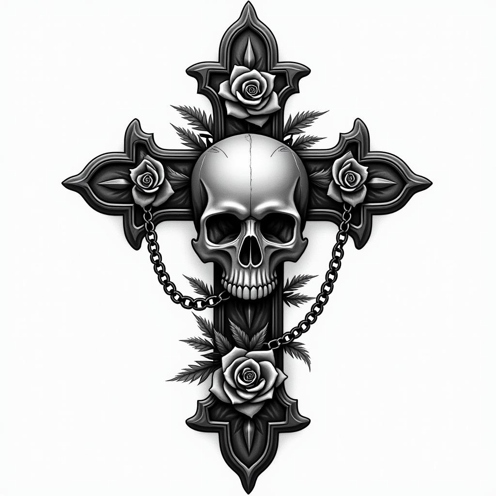 Killerin chicano style tattoo, featuring intricate black and grey shading, bold elements of traditional chicano culture symbols, add a big cross with skull, chains and roses - Variation 4