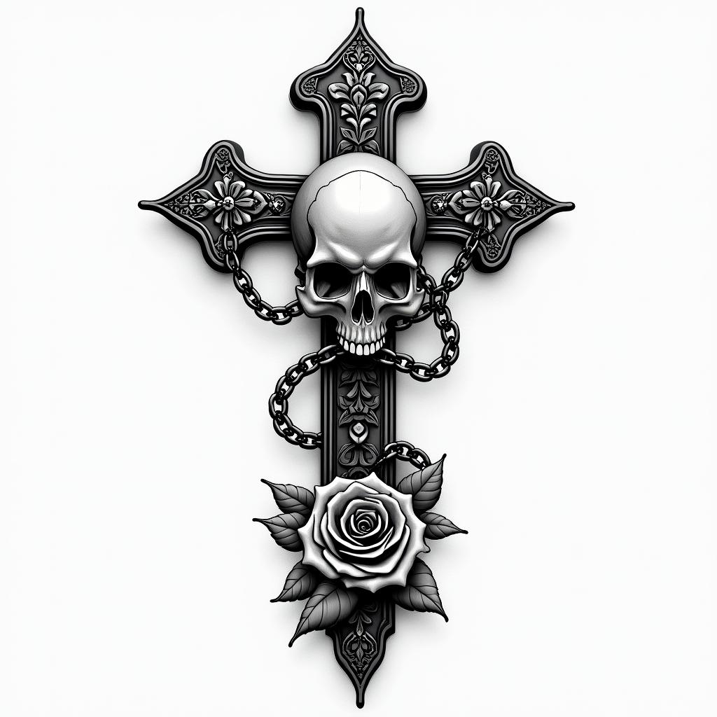 Killerin chicano style tattoo, featuring intricate black and grey shading, bold elements of traditional chicano culture symbols, add a big cross with skull, chains and roses - Variation 1