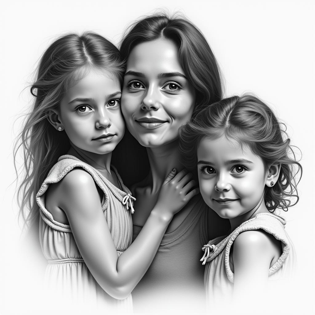 3 children, marriedin realism tattoo style, featuring a highly detailed, lifelike, capturing every detail, photorealistic, ultra realistic, intricate shading, smooth and sharp,   - Variation 4