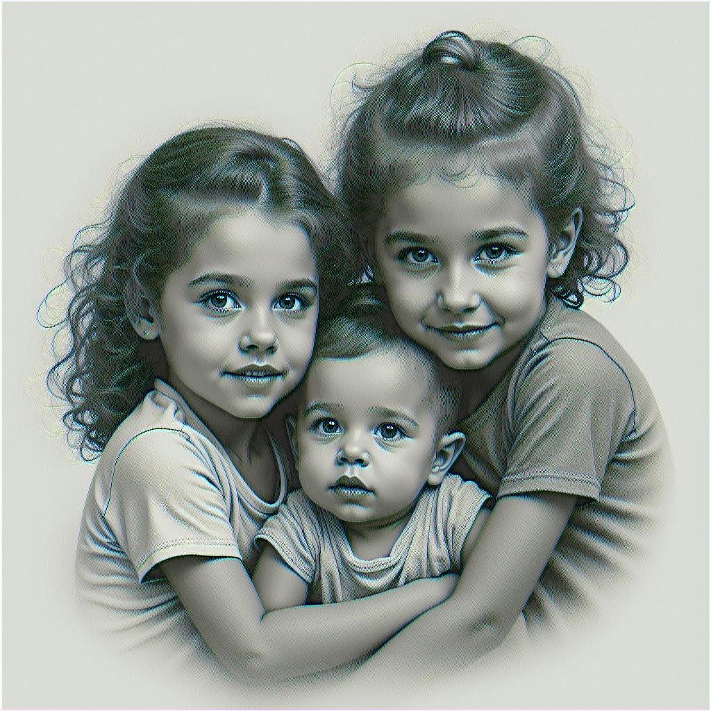 3 children, marriedin realism tattoo style, featuring a highly detailed, lifelike, capturing every detail, photorealistic, ultra realistic, intricate shading, smooth and sharp,   - Variation 3