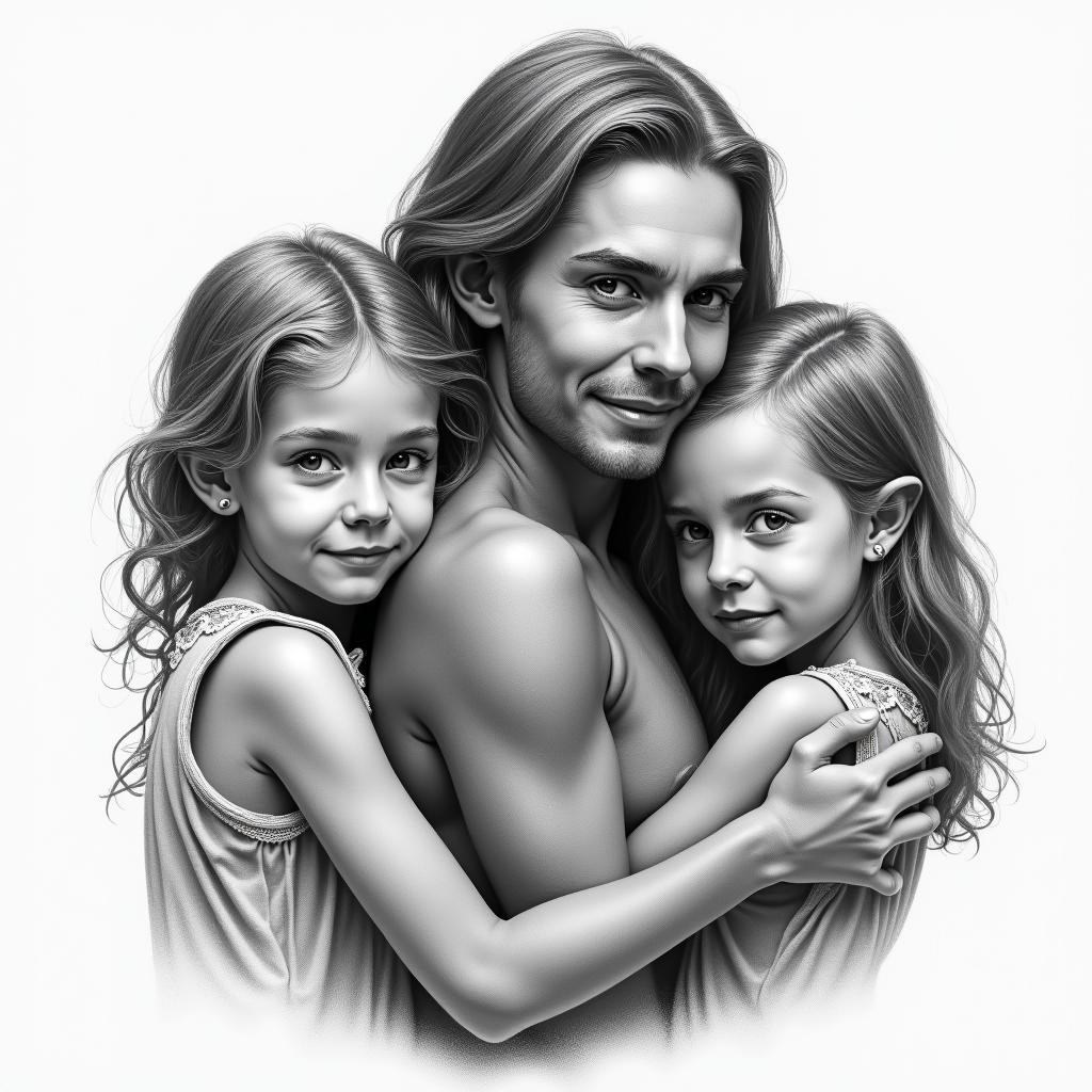 3 children, marriedin realism tattoo style, featuring a highly detailed, lifelike, capturing every detail, photorealistic, ultra realistic, intricate shading, smooth and sharp,  