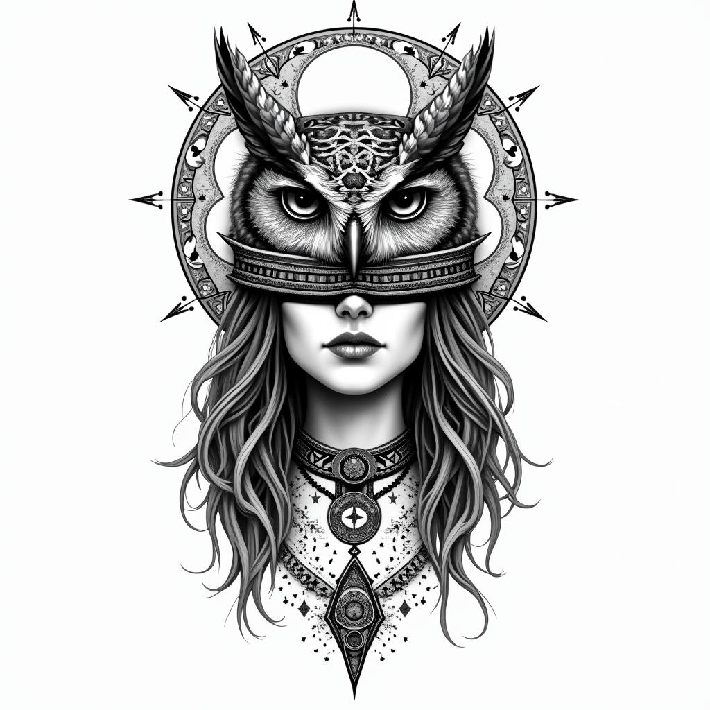 A woman with a blindfold and the face of an owl on her headin paganic style tattoo, featuring ancient symbols, add vegvisir symbol, mystical figures, incorporating designs, pentagrams, runes, crescent moons,