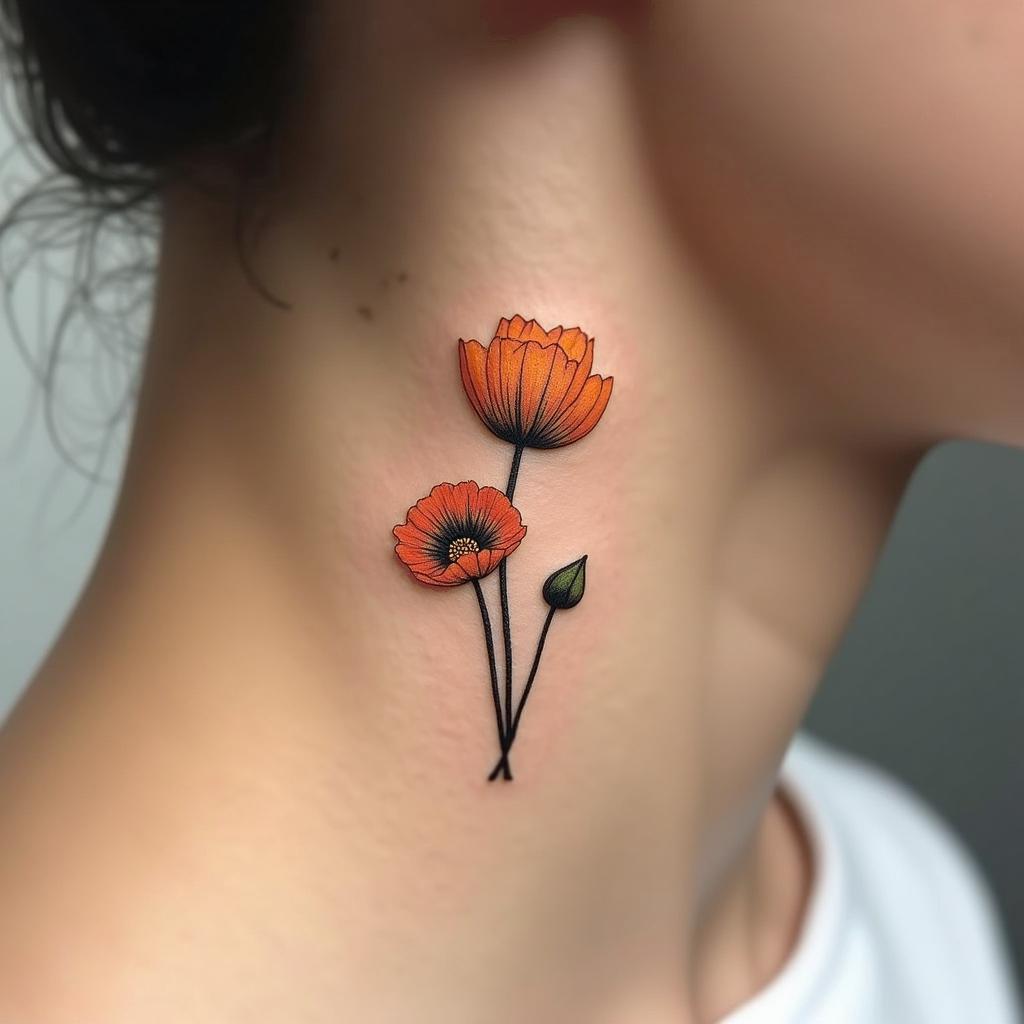 Tiny minimalistic golden poppy tattoo design, showing different blooming stages, elegantly placed behind the ear.undefined - Variation 2