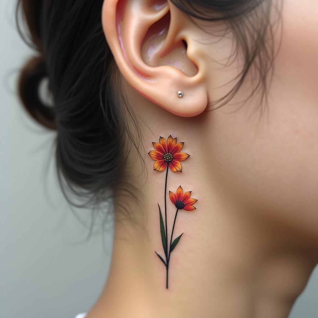 Compact minimalistic tattoo of a golden poppy, capturing different blooming stages, discreetly behind the ear.undefined