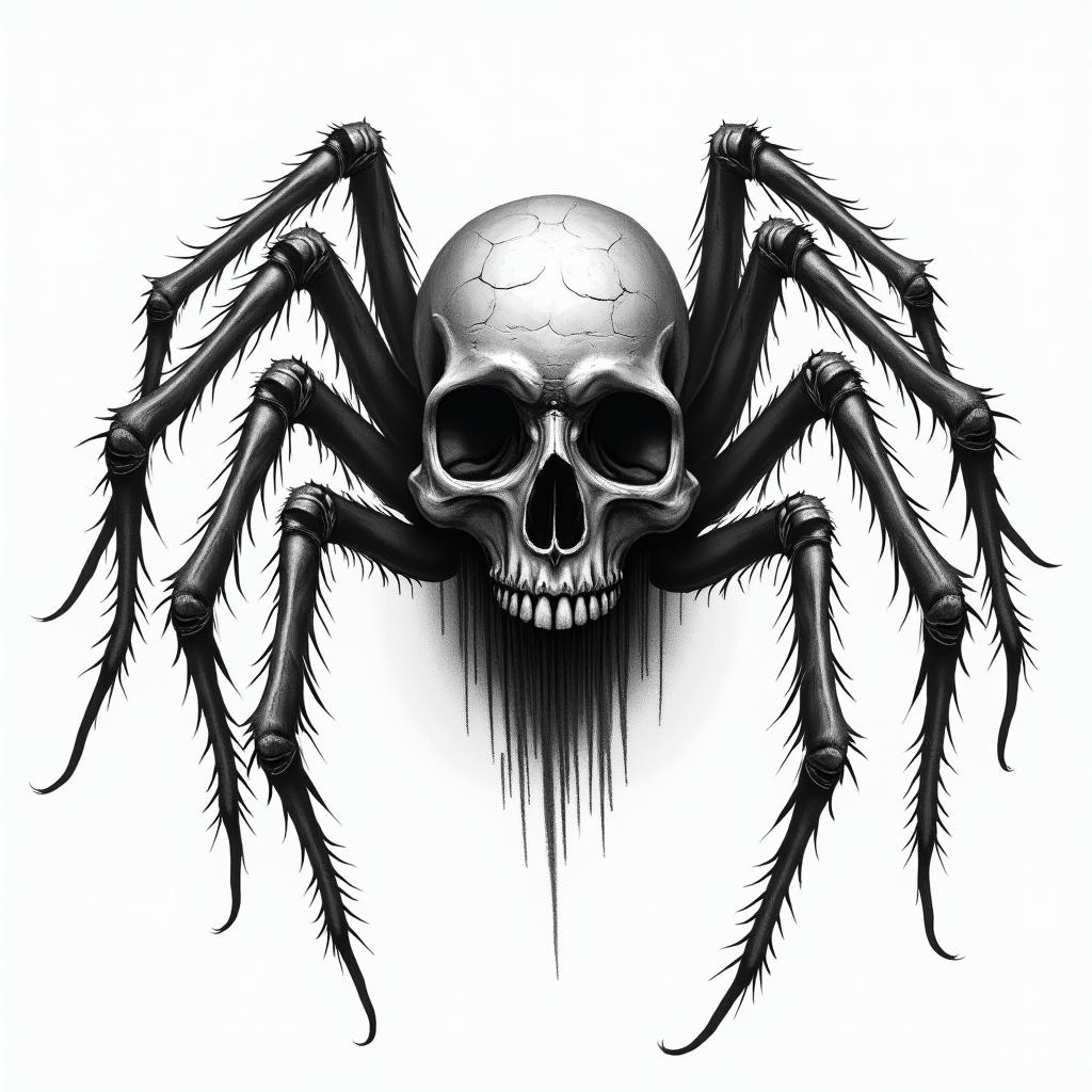 Spider in horror tattoo style, showcasing haunting and unsettling, dark and gritty textures with skulls, eerie faces, jgged designs, bold and intense shading - Variation 2
