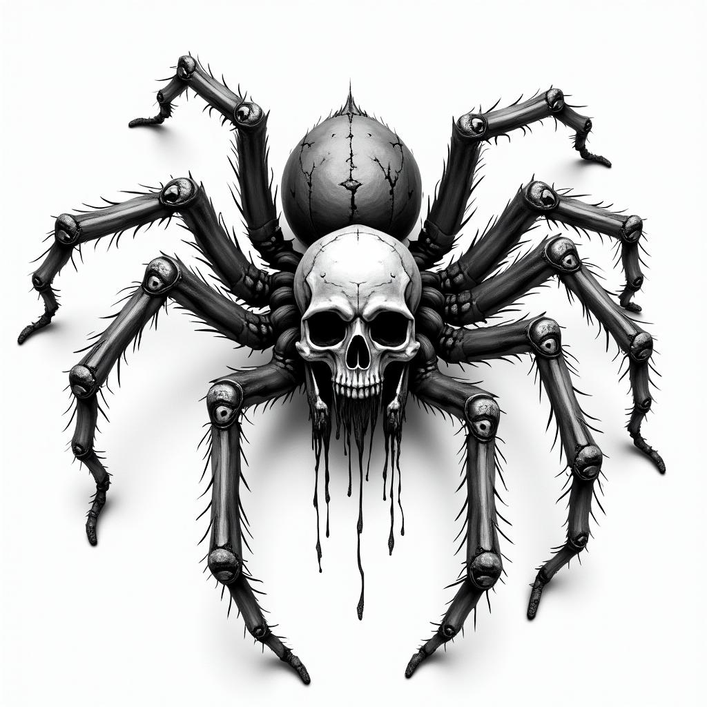 Spider in horror tattoo style, showcasing haunting and unsettling, dark and gritty textures with skulls, eerie faces, jgged designs, bold and intense shading - Variation 4