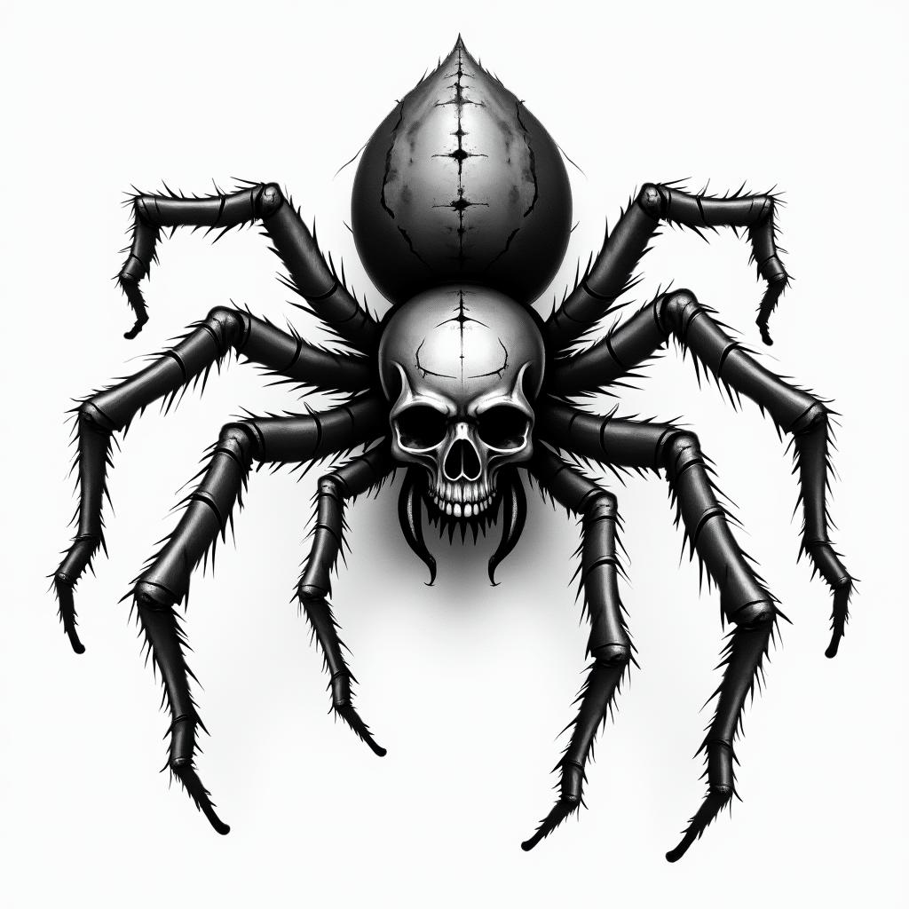 Spider in horror tattoo style, showcasing haunting and unsettling, dark and gritty textures with skulls, eerie faces, jgged designs, bold and intense shading - Variation 3