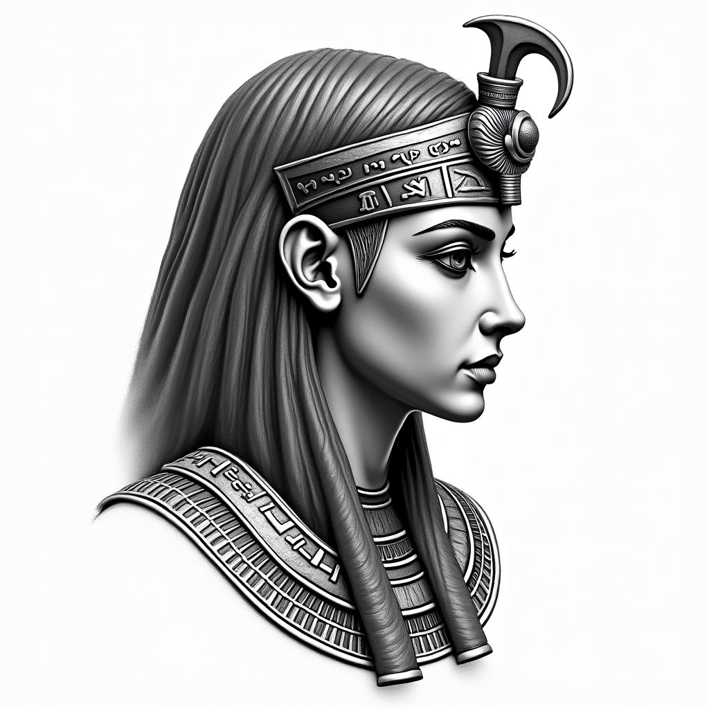 Athena, the goddess of war, firein egyptian style tattoo, bold elements of ancient egyptian culture including a portrait of an Egyptian pharaoh with detailed facial features, in hieroglyphs and symbolic imagery, eye of horus, ankh symbol, scarab beetle