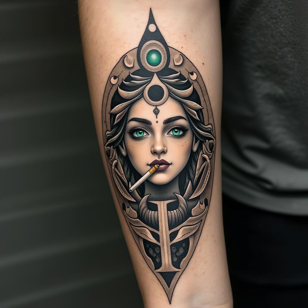 Green eyes sign of Gemini orixá Oxum teacher beer cigarette a couple of children rock waterfallin spiritual symbols tattoo style, featuring an intricate design incorporating elements, Hamsa hand, third eye, minimalist composition