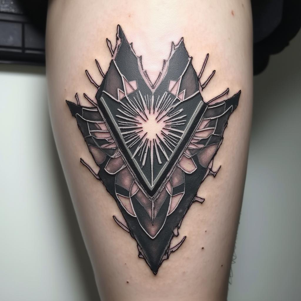 A striking tattoo design featuring broken glass shards, artistry intertwining crack patterns with abstract elements, a unique blend of fragility and strength.undefined