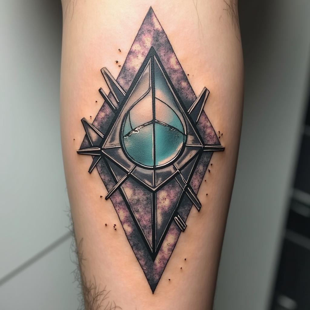 An artistic interpretation of broken glass for a tattoo, incorporating geometric shapes and intricate details for a modern look.undefined