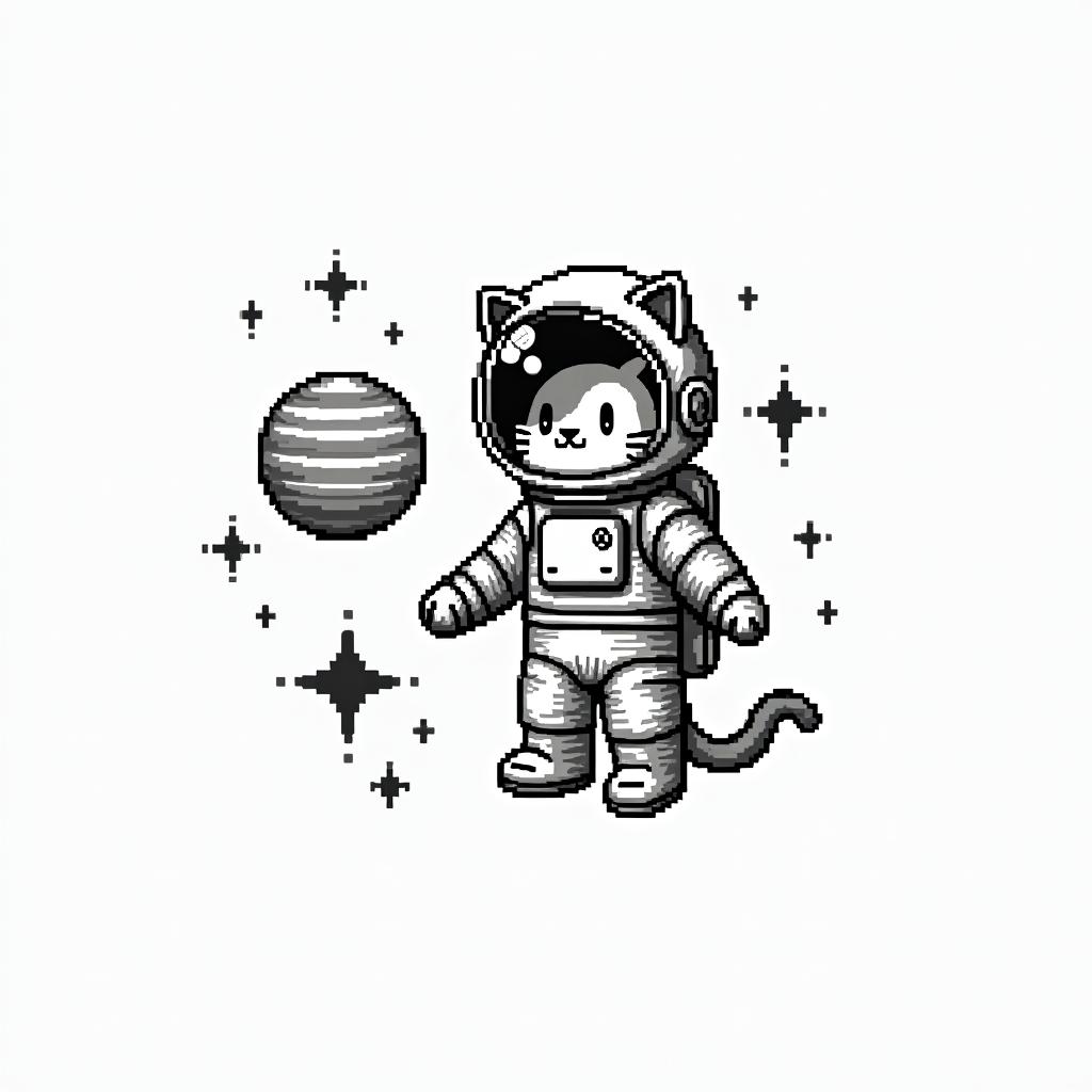 Space, cat, physics, astronautin 8-bit tattoo style, minimalistic pixel style tattoo, pixel art with simplified shapes and retro gaming visuals, inspired by 8-bit pixel based detailing
