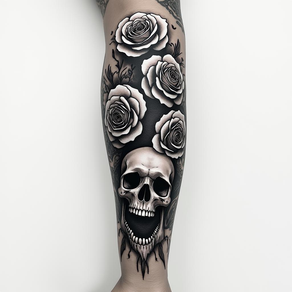 Forearm tattoo. With roses of different sizes but not too big. Fine lines, it's for a woman's arm. in horror tattoo style, showcasing haunting and unsettling, dark and gritty textures with skulls, eerie faces, jgged designs, bold and intense shading - Variation 2