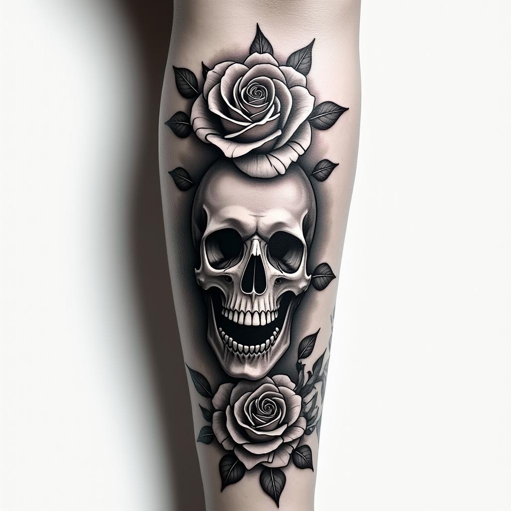 Forearm tattoo. With roses of different sizes but not too big. Fine lines, it's for a woman's arm. in horror tattoo style, showcasing haunting and unsettling, dark and gritty textures with skulls, eerie faces, jgged designs, bold and intense shading