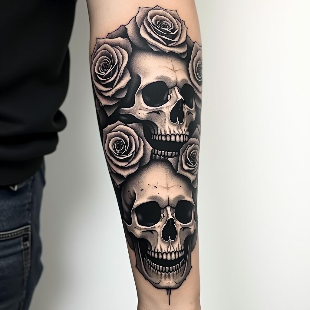 Forearm tattoo. With roses of different sizes but not too big. Fine lines, it's for a woman's arm. in horror tattoo style, showcasing haunting and unsettling, dark and gritty textures with skulls, eerie faces, jgged designs, bold and intense shading - Variation 3