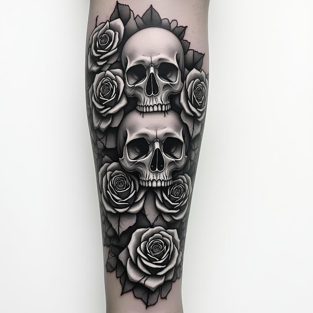 Forearm tattoo. With roses of different sizes but not too big. Fine lines, it's for a woman's arm. in horror tattoo style, showcasing haunting and unsettling, dark and gritty textures with skulls, eerie faces, jgged designs, bold and intense shading - Variation 4