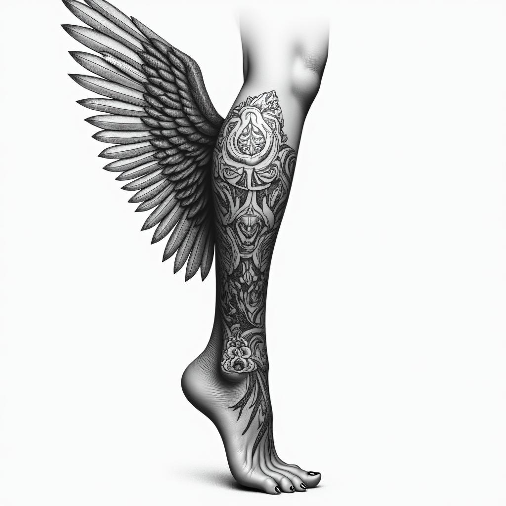 One wing, ankle,higly detailed tattoo - Variation 1