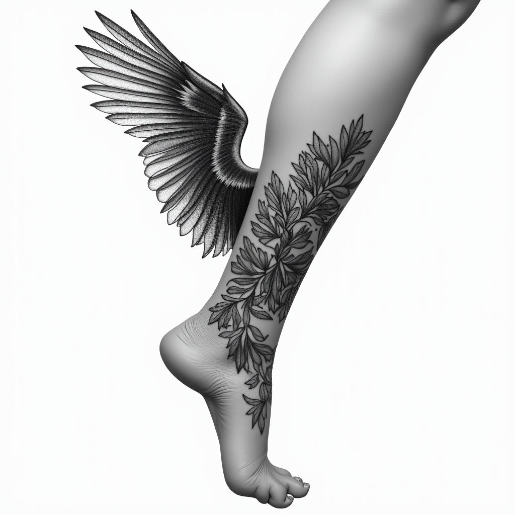 One wing, ankle,higly detailed tattoo - Variation 2