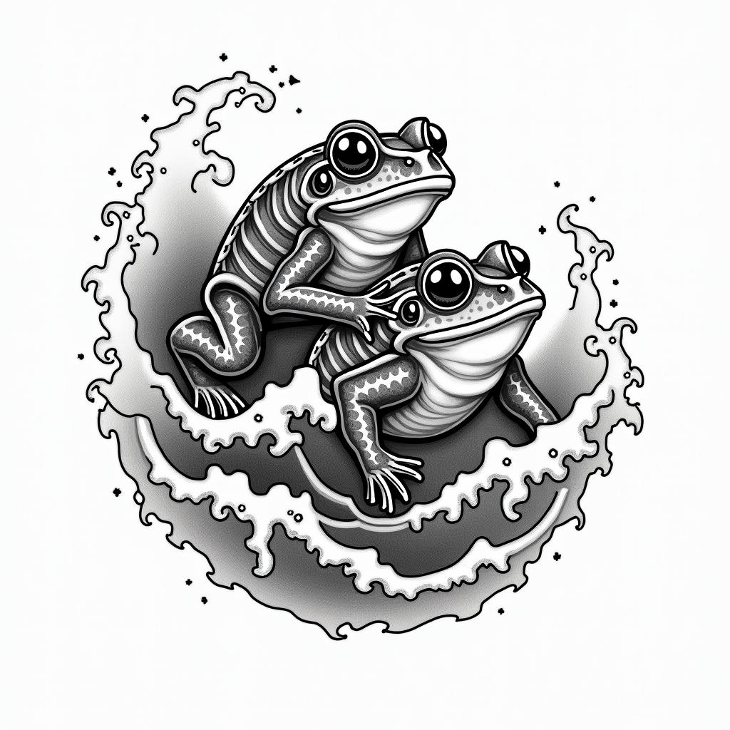 Ninja frogs with wavesin japanese style tattoo, detailed tattoo, traditional japanese culture tattoo, mythology, 8k - Variation 3