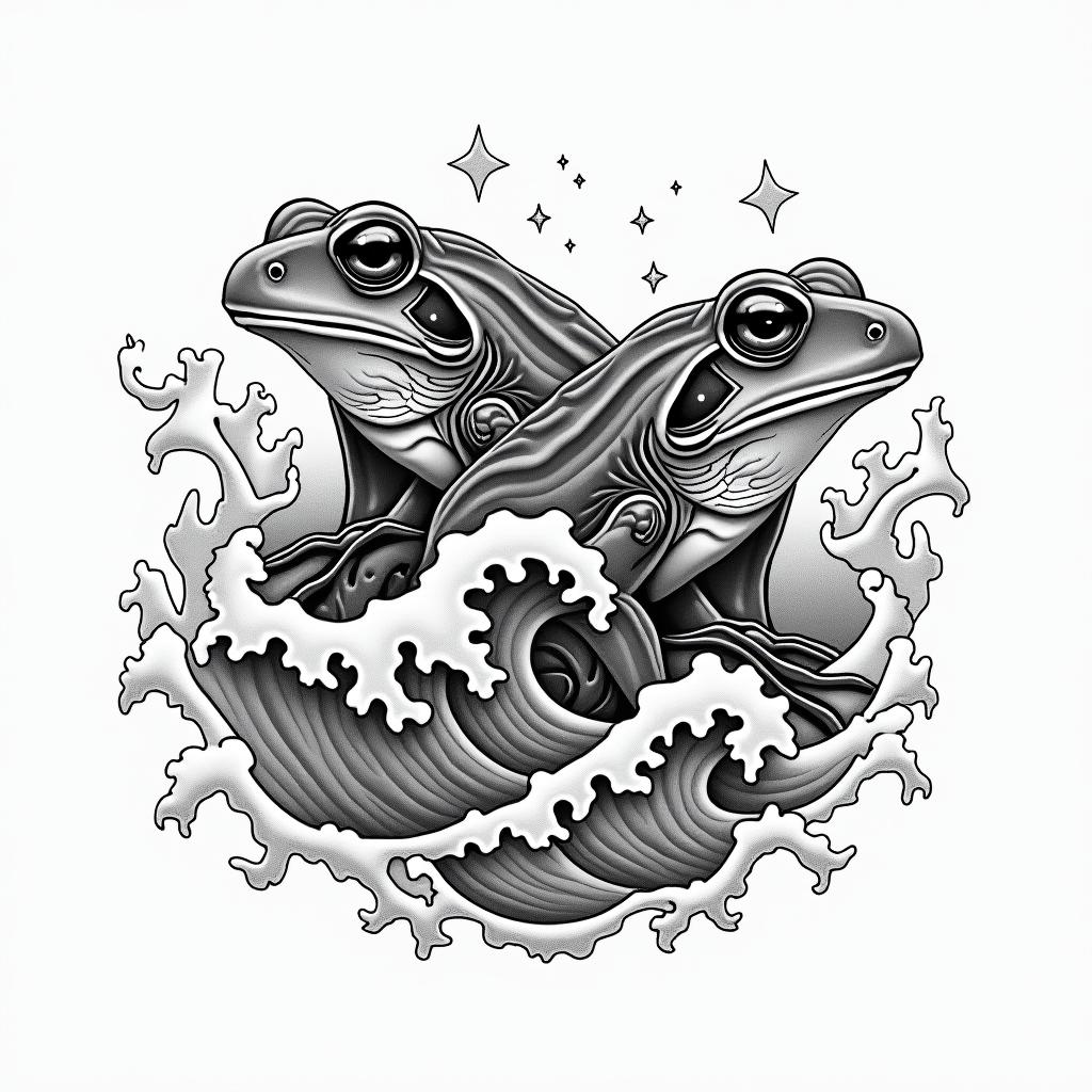 Ninja frogs with wavesin japanese style tattoo, detailed tattoo, traditional japanese culture tattoo, mythology, 8k - Variation 4