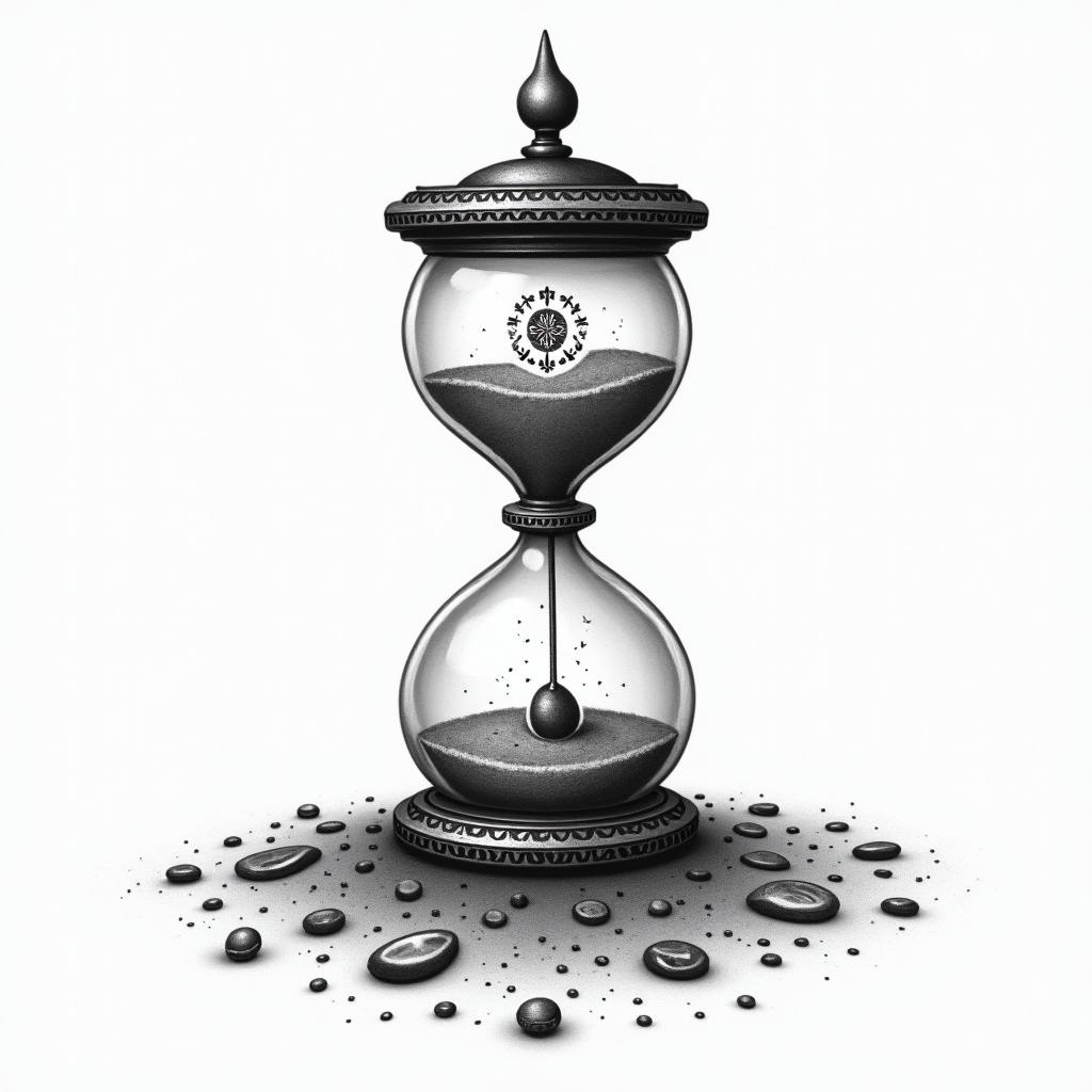 Sand timer with broken glass running out of sandin paganic style tattoo, featuring ancient symbols, add vegvisir symbol, mystical figures, incorporating designs, pentagrams, runes, crescent moons, - Variation 3