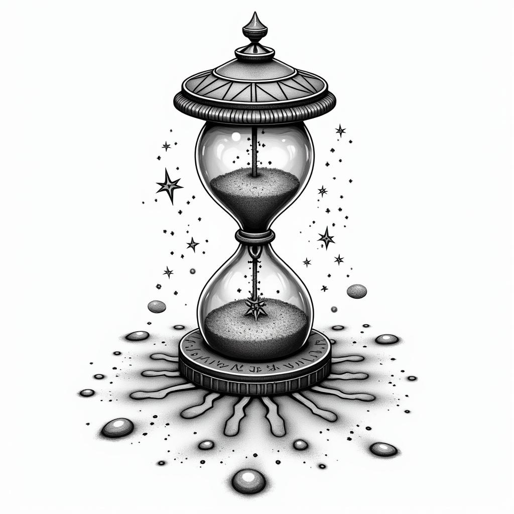 Sand timer with broken glass running out of sandin paganic style tattoo, featuring ancient symbols, add vegvisir symbol, mystical figures, incorporating designs, pentagrams, runes, crescent moons, - Variation 4