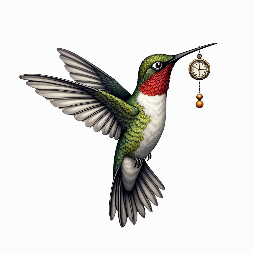 Hummingbird holding a clock with a writing carpe diem. It needs to be in colour as it will blend with black and grey peonies I have on the top and a red and yellow tattoo I have at the backin japanese style tattoo, detailed tattoo, traditional japanese culture tattoo, mythology, 8k