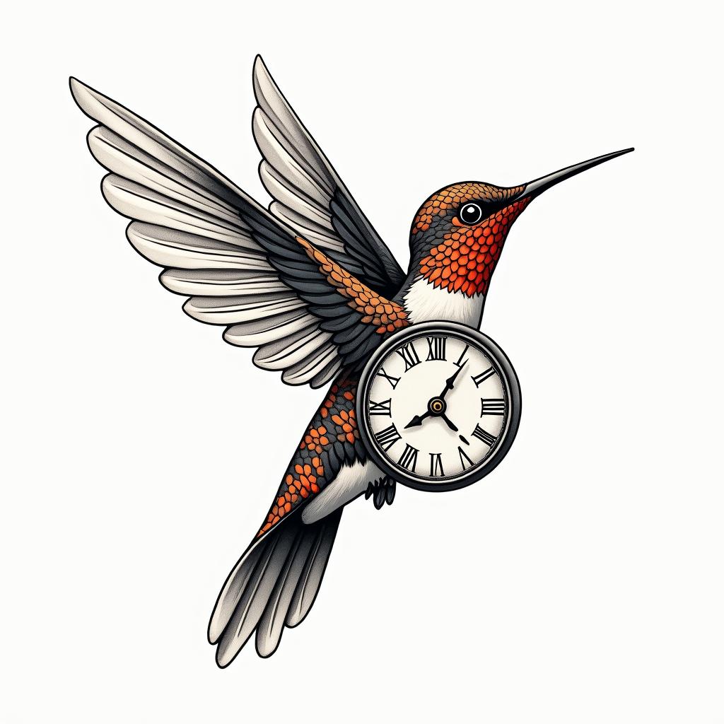 Hummingbird holding a clock with a writing carpe diem. It needs to be in colour as it will blend with black and grey peonies I have on the top and a red and yellow tattoo I have at the backin japanese style tattoo, detailed tattoo, traditional japanese culture tattoo, mythology, 8k - Variation 4