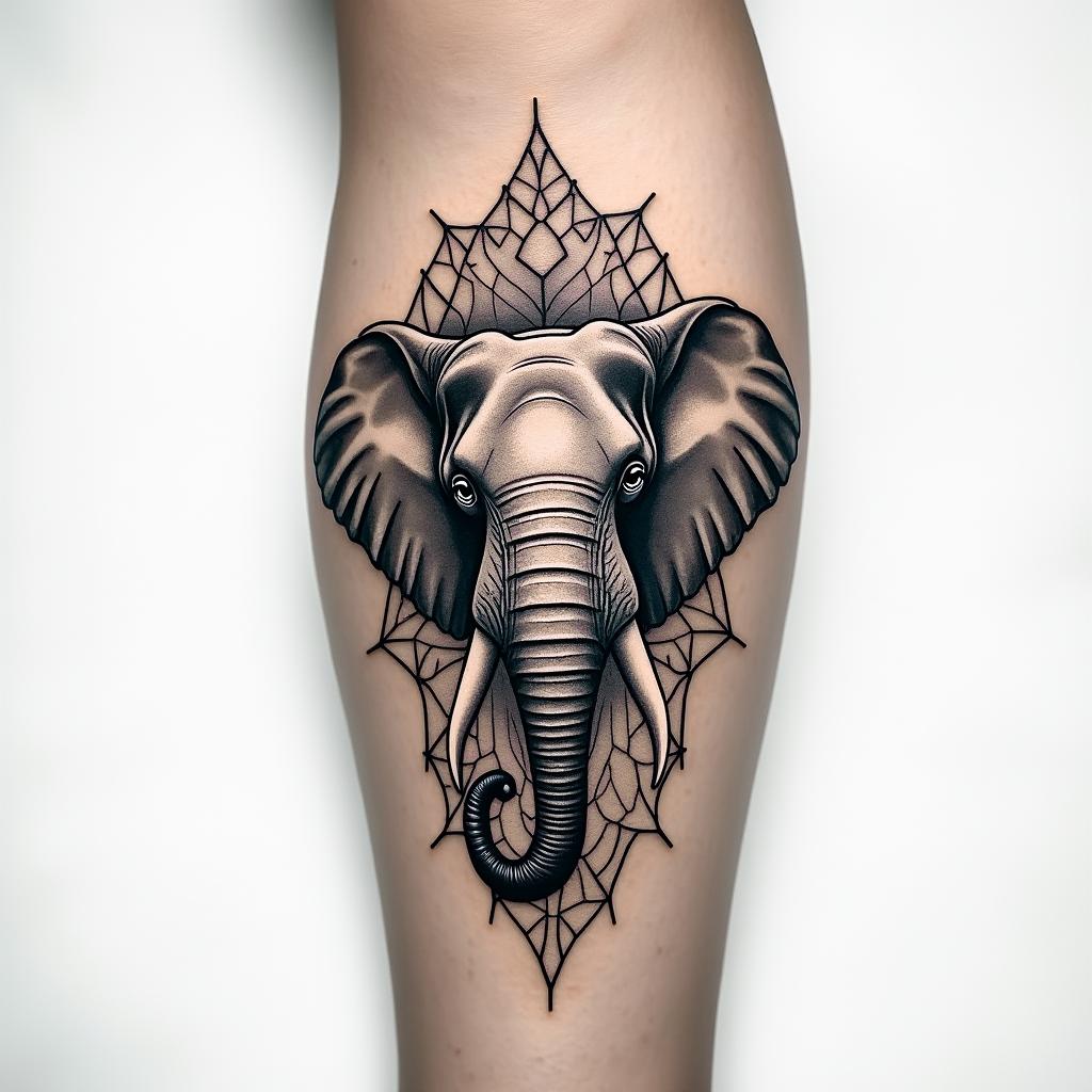 Inner forearm with an elephant in geometric style tattoo, blending hexagons, mandala-inspired patterns, symmetrical and fractal design, clean lines, sharp angles - Variation 3