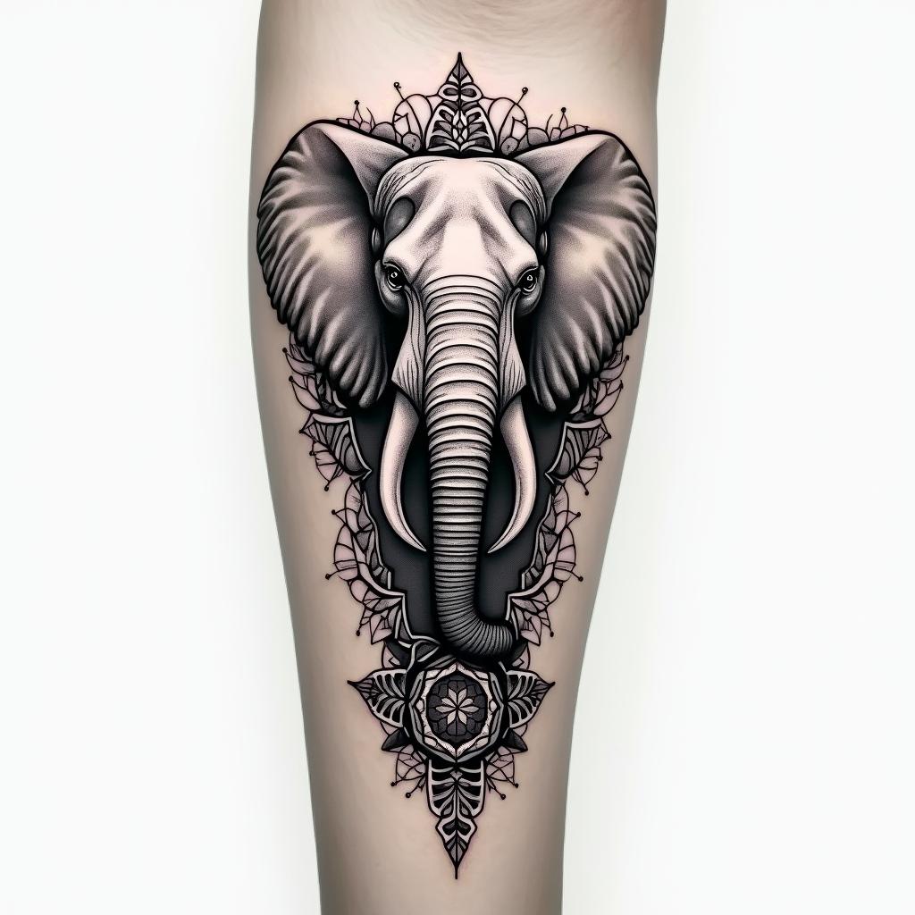 Inner forearm with an elephant in geometric style tattoo, blending hexagons, mandala-inspired patterns, symmetrical and fractal design, clean lines, sharp angles - Variation 4