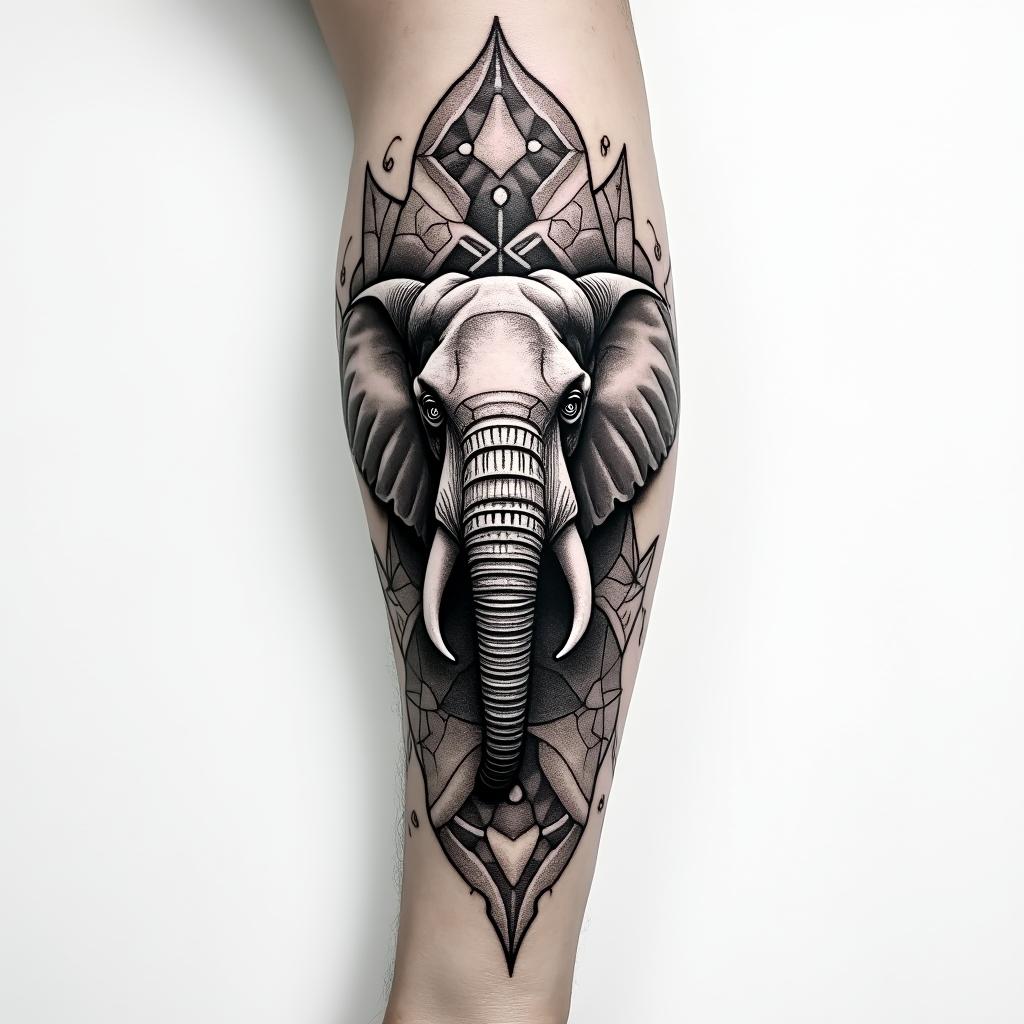Inner forearm with an elephant in geometric style tattoo, blending hexagons, mandala-inspired patterns, symmetrical and fractal design, clean lines, sharp angles - Variation 2