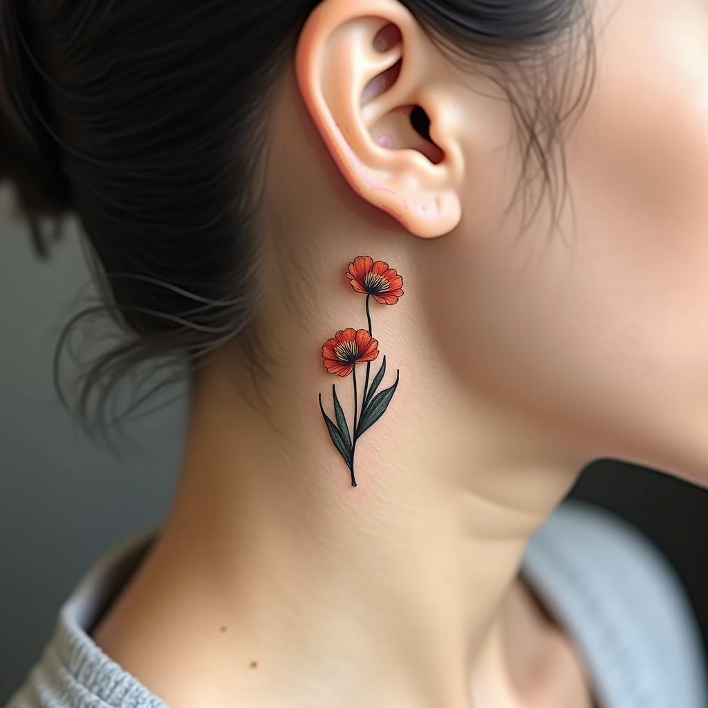 Tiny minimalistic golden poppy tattoo design, showing different blooming stages, elegantly placed behind the ear.undefined