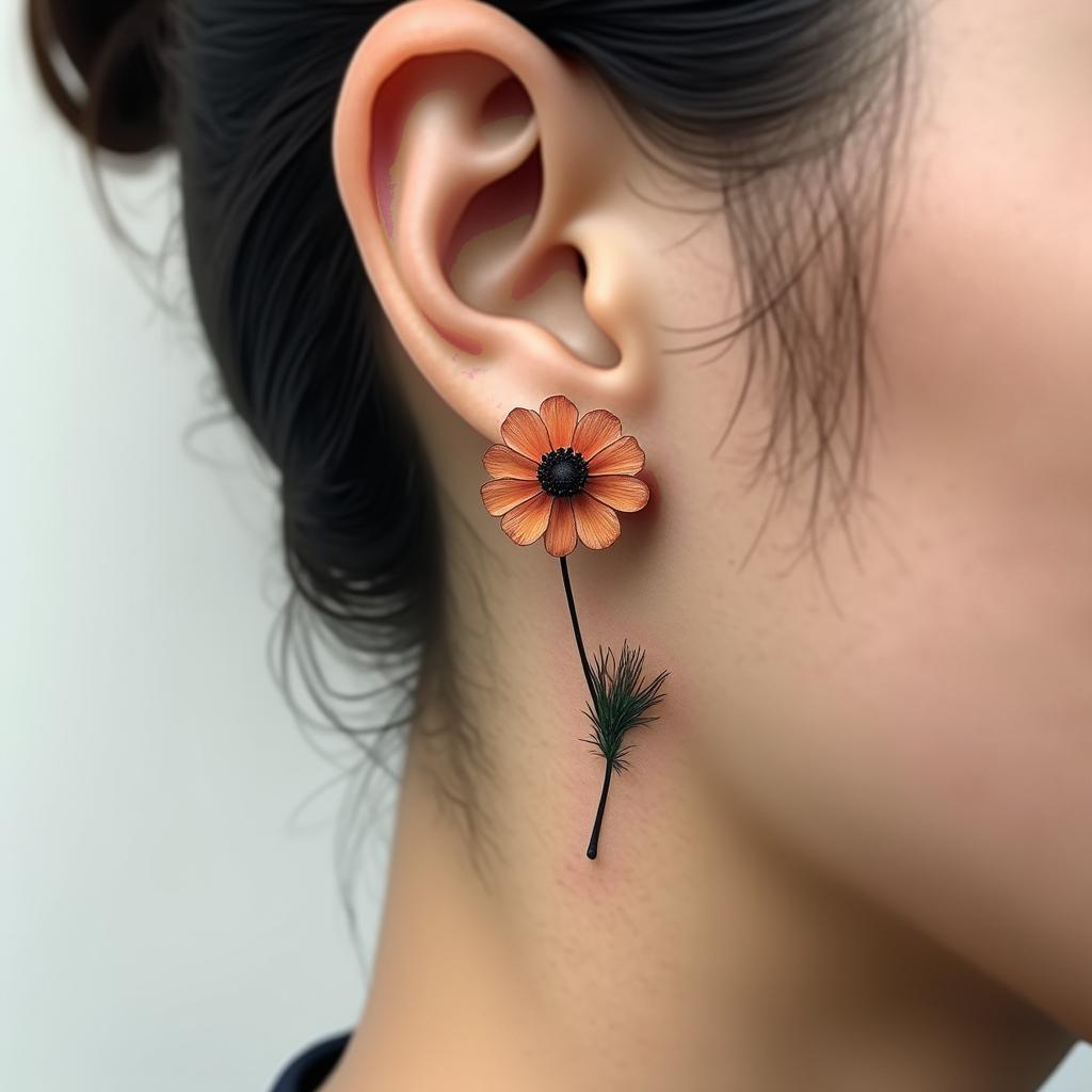 Elegant tattoo of a tiny golden poppy in various blooming stages, situated behind the ear, minimalistic style.undefined