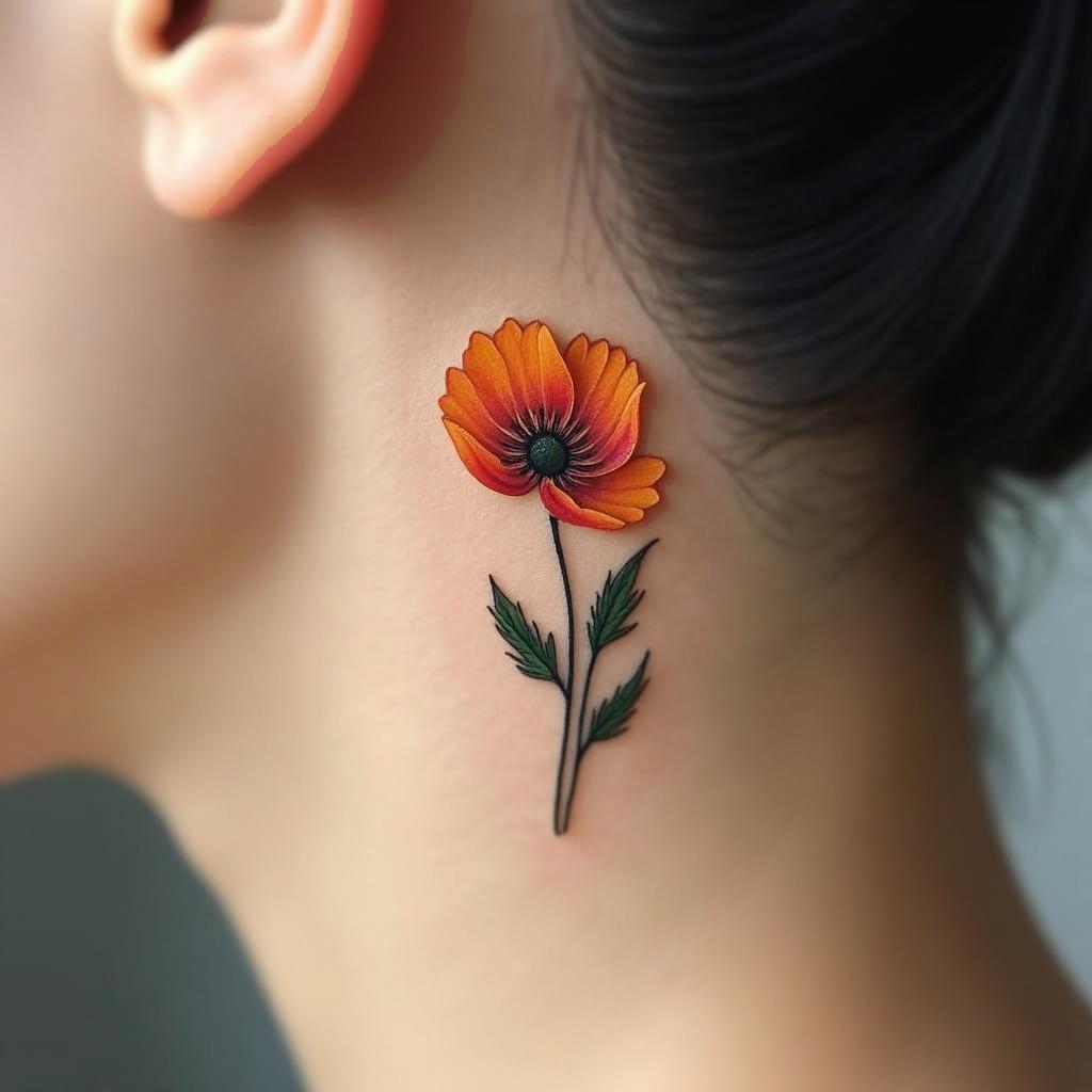 A delicate tiny tattoo of a golden poppy, depicting its blooming stages, gracefully located behind the ear.undefined
