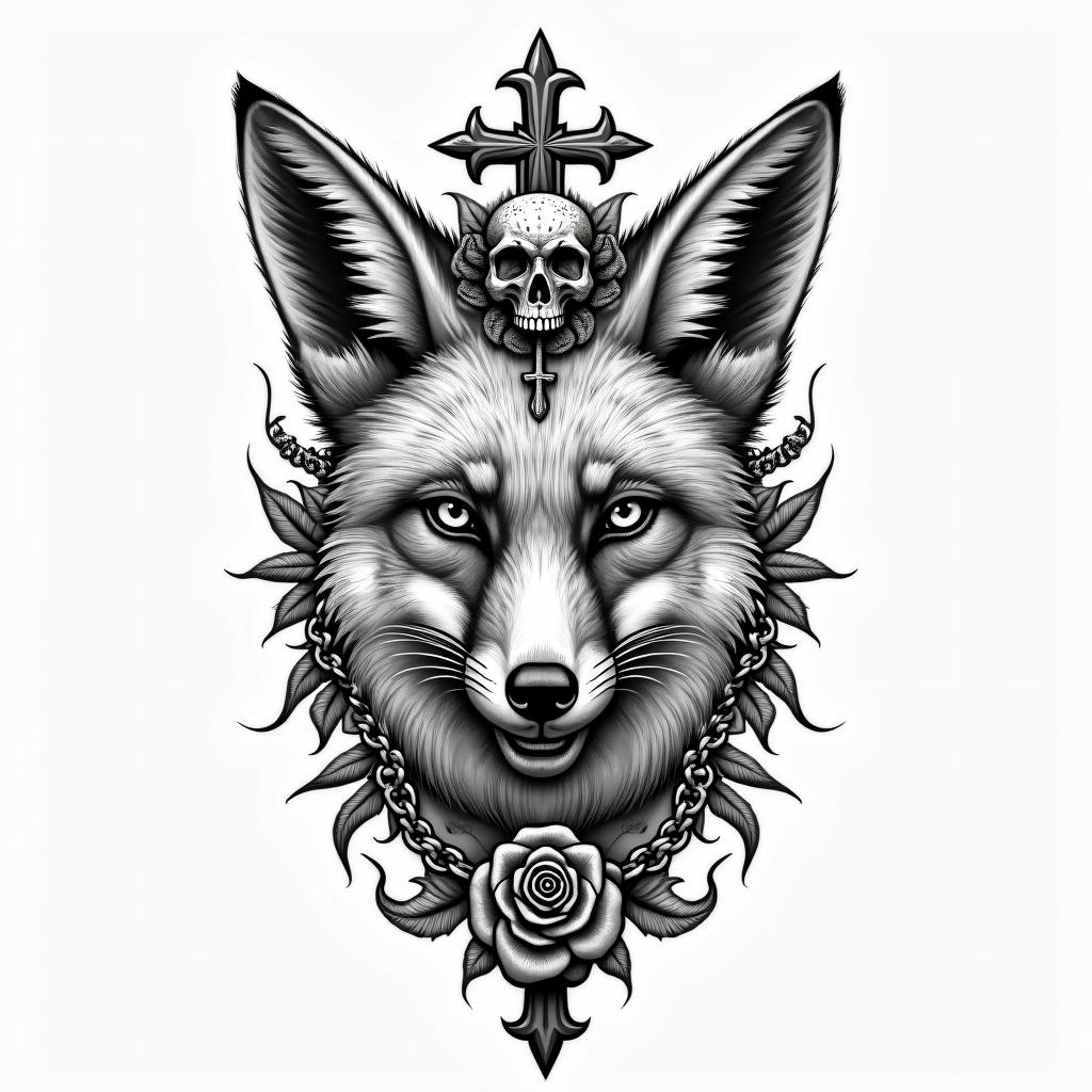 Fox animalin chicano style tattoo, featuring intricate black and grey shading, bold elements of traditional chicano culture symbols, add a big cross with skull, chains and roses - Variation 2