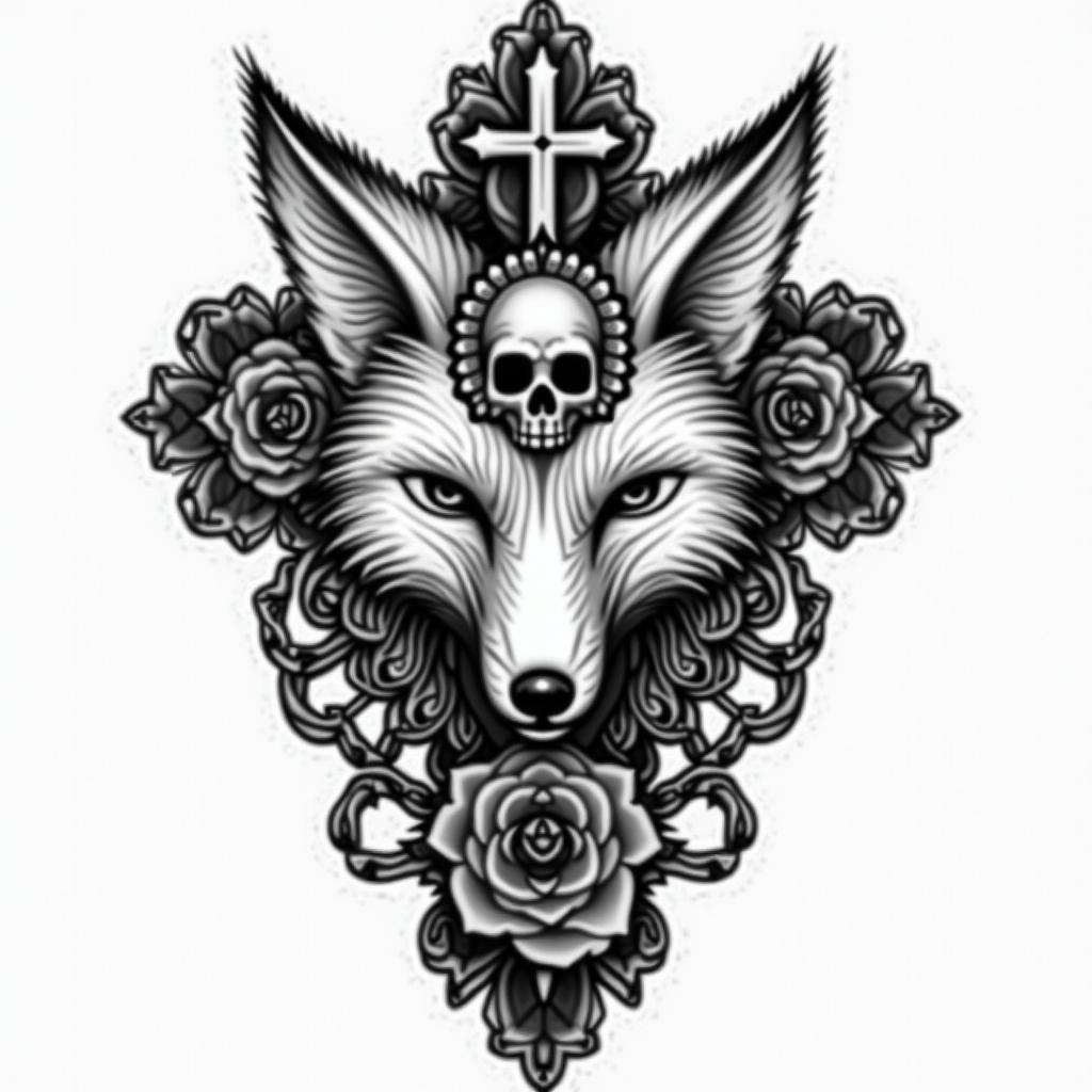 Fox animalin chicano style tattoo, featuring intricate black and grey shading, bold elements of traditional chicano culture symbols, add a big cross with skull, chains and roses
