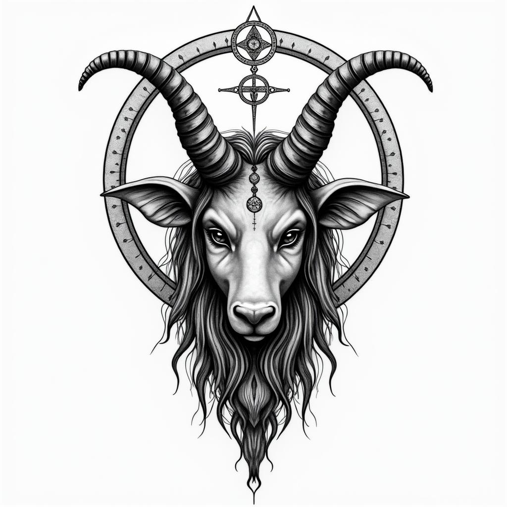 Hannah, Taurus, charlottein paganic style tattoo, featuring ancient symbols, add vegvisir symbol, mystical figures, incorporating designs, pentagrams, runes, crescent moons,