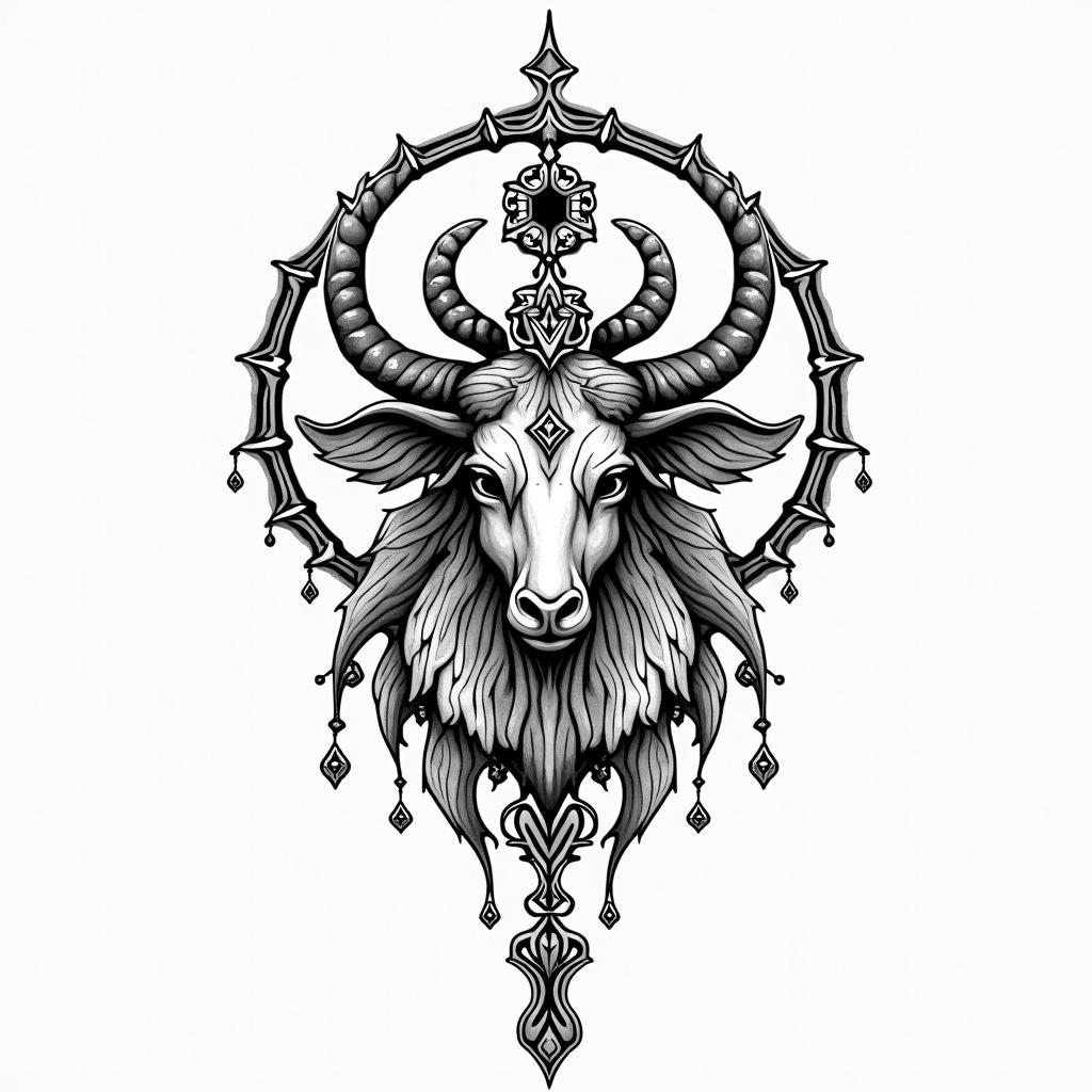 Taurus symbol and a rosary in geometric style tattoo, blending hexagons, mandala-inspired patterns, symmetrical and fractal design, clean lines, sharp angles - Variation 3