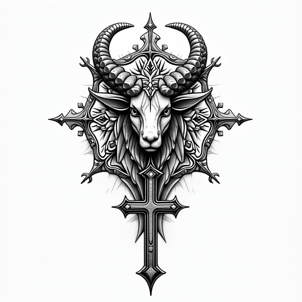 Taurus symbol and a rosary in geometric style tattoo, blending hexagons, mandala-inspired patterns, symmetrical and fractal design, clean lines, sharp angles