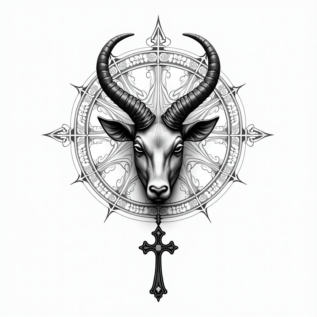 Taurus symbol and a rosary in geometric style tattoo, blending hexagons, mandala-inspired patterns, symmetrical and fractal design, clean lines, sharp angles - Variation 2