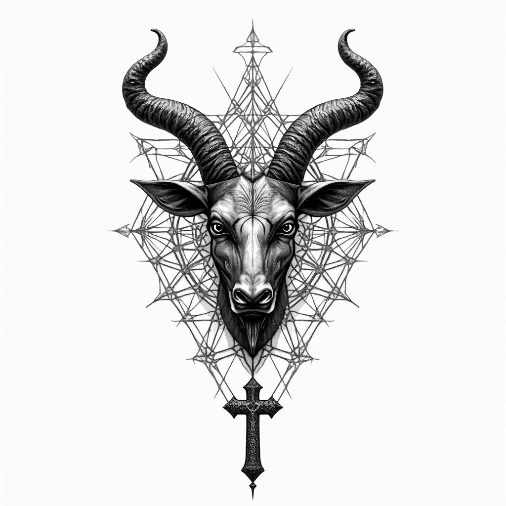 Taurus symbol and a rosary in geometric style tattoo, blending hexagons, mandala-inspired patterns, symmetrical and fractal design, clean lines, sharp angles - Variation 4