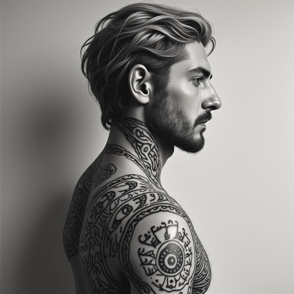 Archangel Michael in profilein spiritual symbols tattoo style, featuring an intricate design incorporating elements, Hamsa hand, third eye, minimalist composition - Variation 2