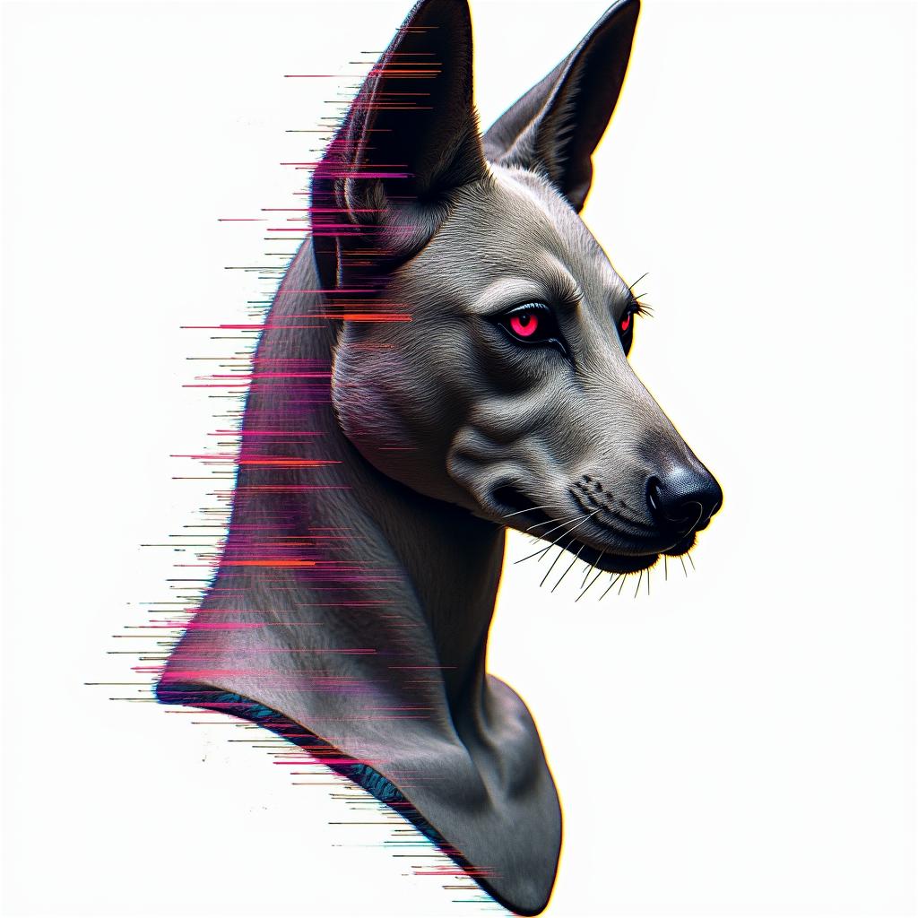 Zorro animalin distorted and fragmented tattoo design, featuring a classical statue bust, in a glitch art style with vibrant, overlapping colors of cyan, magenta, and yellow, creating a digital distortion effect - Variation 4