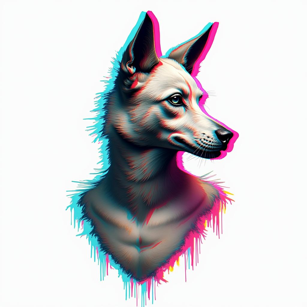 Zorro animalin distorted and fragmented tattoo design, featuring a classical statue bust, in a glitch art style with vibrant, overlapping colors of cyan, magenta, and yellow, creating a digital distortion effect