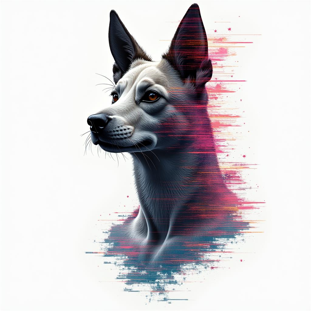 Zorro animalin distorted and fragmented tattoo design, featuring a classical statue bust, in a glitch art style with vibrant, overlapping colors of cyan, magenta, and yellow, creating a digital distortion effect - Variation 3