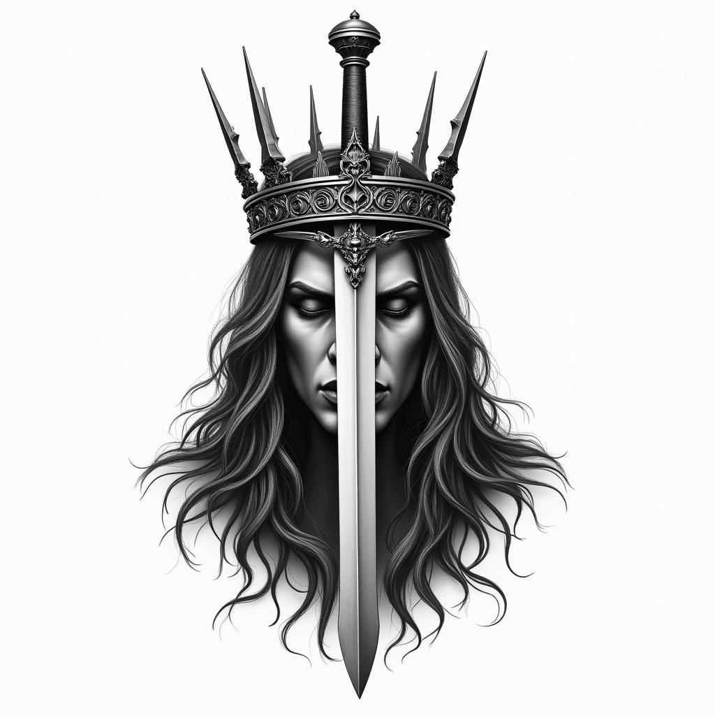 A crown 👑 whit a sword trhu itin realism tattoo style, featuring a highly detailed, lifelike, capturing every detail, photorealistic, ultra realistic, intricate shading, smooth and sharp,   - Variation 3
