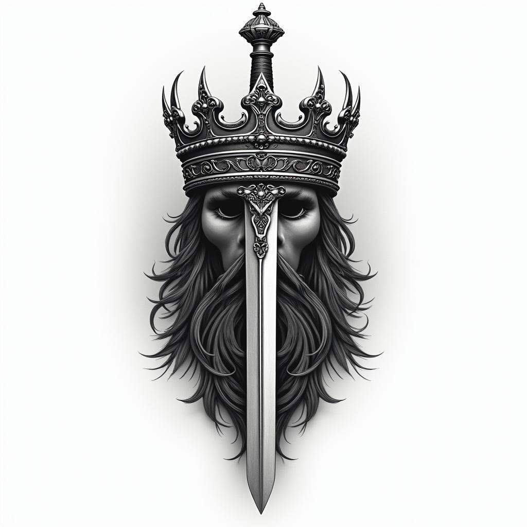 A crown 👑 whit a sword trhu itin realism tattoo style, featuring a highly detailed, lifelike, capturing every detail, photorealistic, ultra realistic, intricate shading, smooth and sharp,