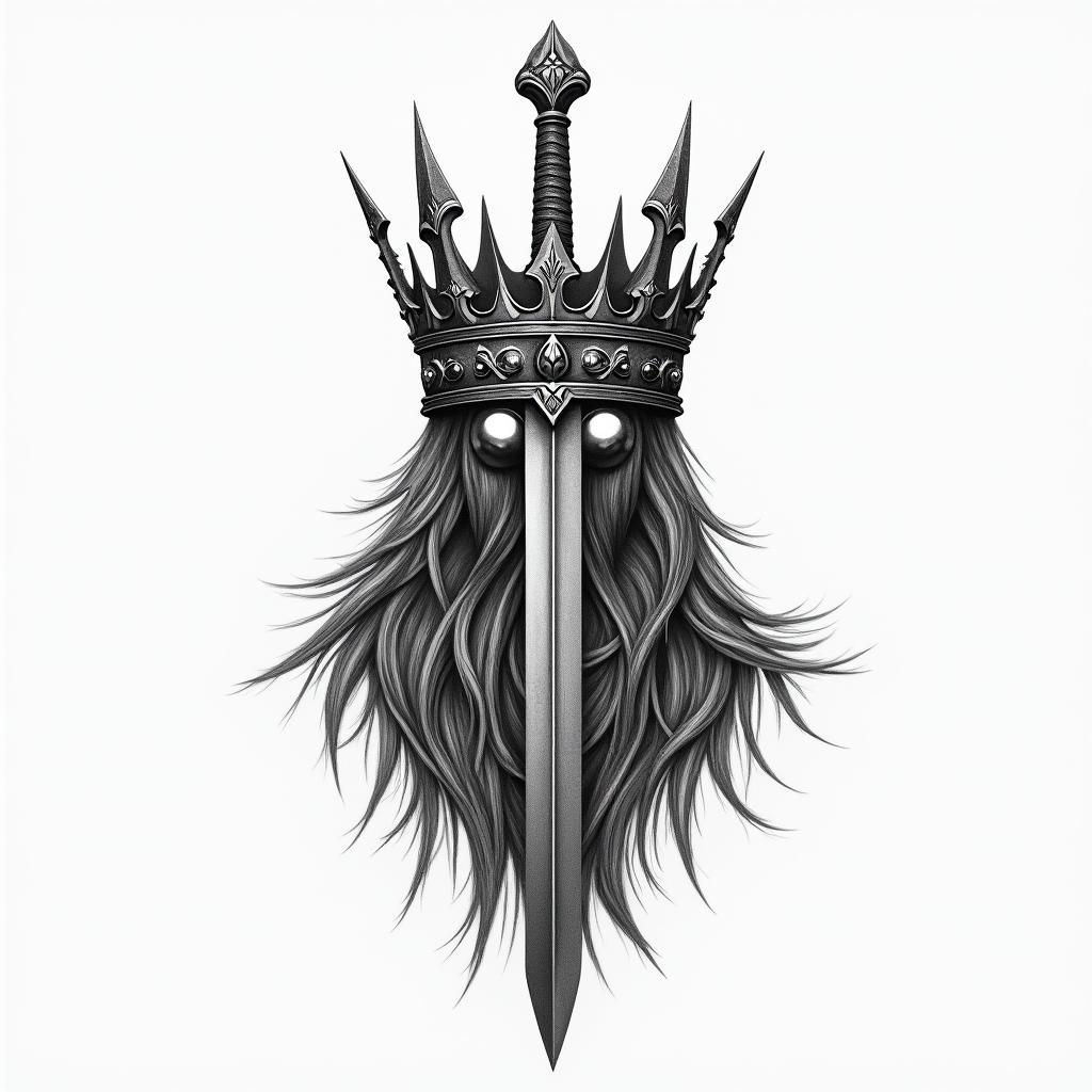 A crown 👑 whit a sword trhu itin realism tattoo style, featuring a highly detailed, lifelike, capturing every detail, photorealistic, ultra realistic, intricate shading, smooth and sharp,   - Variation 2