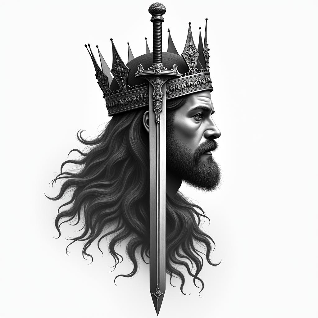 A crown 👑 whit a sword trhu itin realism tattoo style, featuring a highly detailed, lifelike, capturing every detail, photorealistic, ultra realistic, intricate shading, smooth and sharp,   - Variation 4